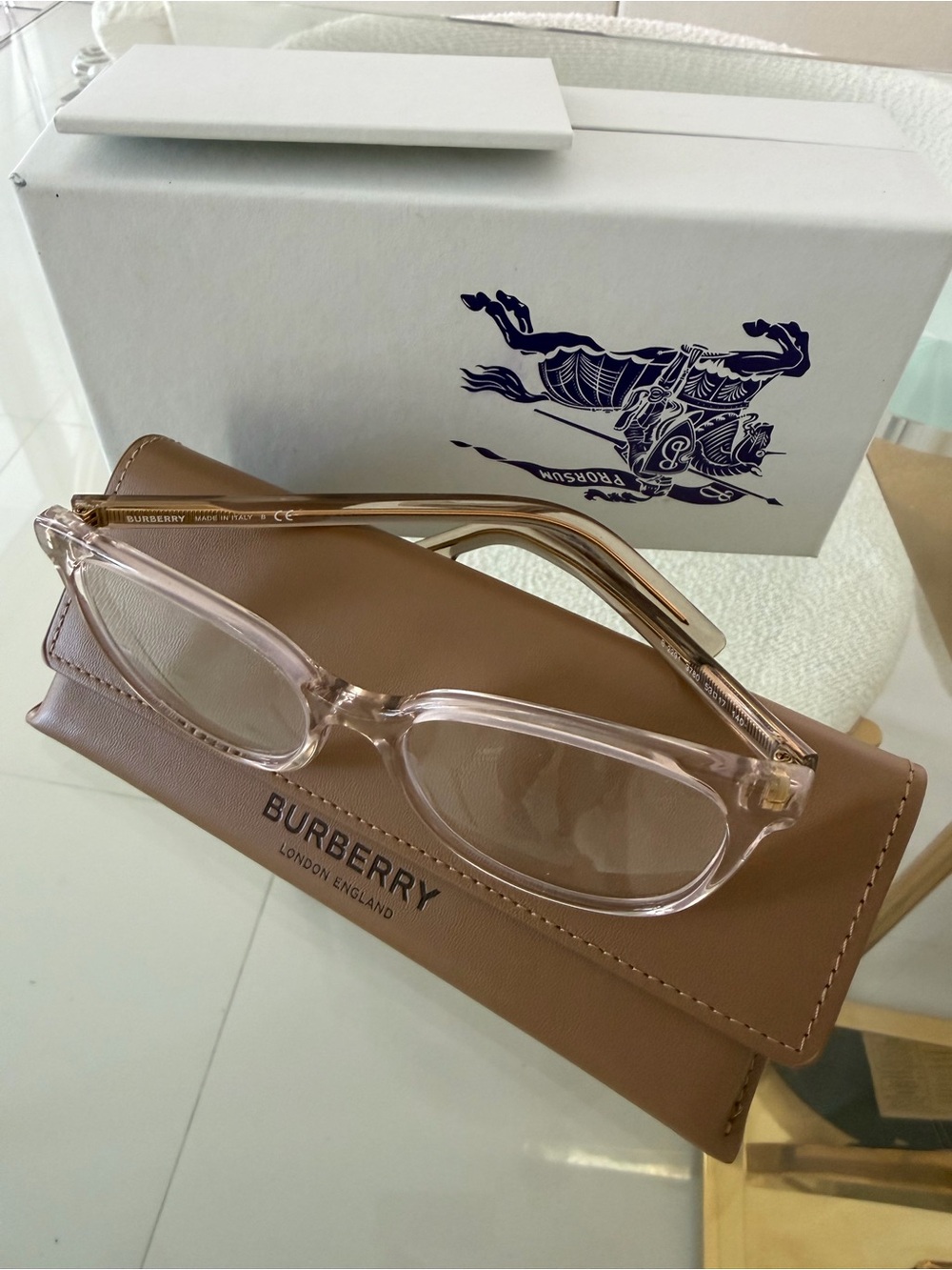 Burberry Clear Pink Rectangular Frame Glasses